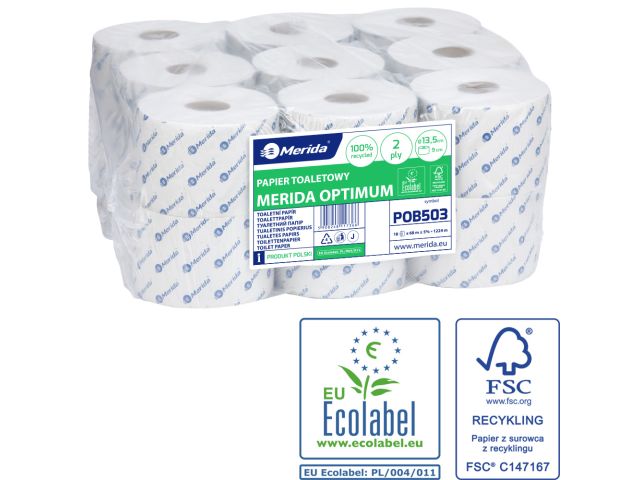 MERIDA OPTIMUM roll toilet paper, white, 2-ply, 13.5 cm diameter, recycled paper, 68 m (18 rolls / pack.)